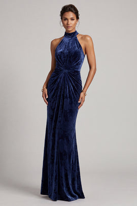 Dark Navy Velvet Sheath Halter Ruched Long Mother of the Bride Dress