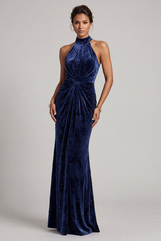 Dark Navy Velvet Sheath Halter Ruched Long Mother of the Bride Dress