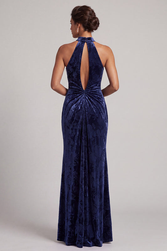 Dark Navy Velvet Sheath Halter Ruched Long Mother of the Bride Dress