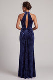Dark Navy Velvet Sheath Halter Ruched Long Mother of the Bride Dress