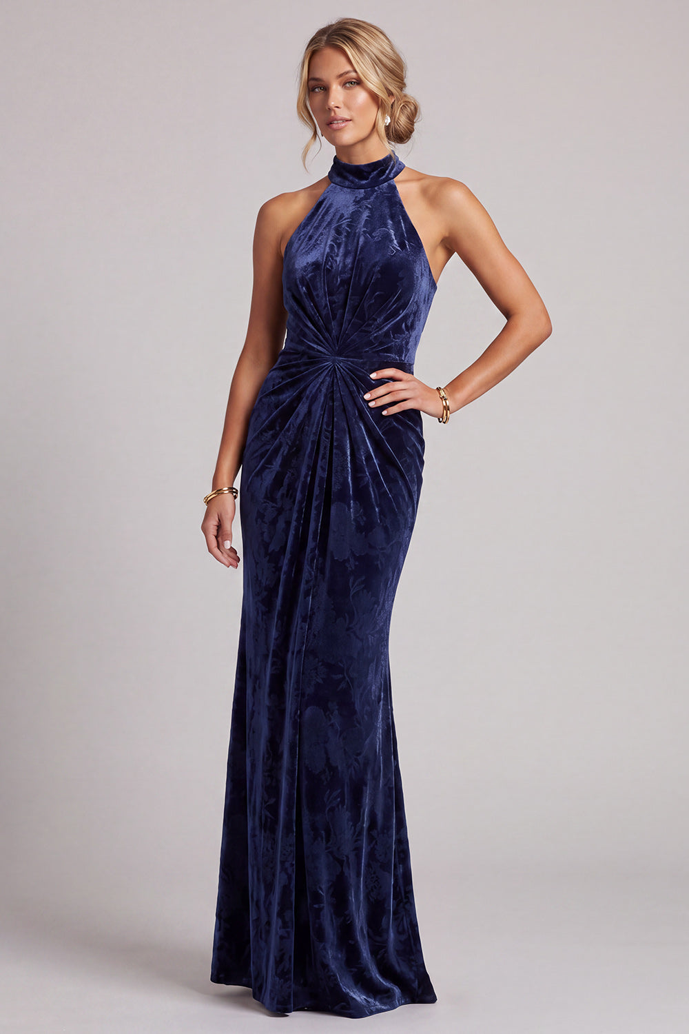 Dark Navy Velvet Sheath Halter Ruched Long Mother of the Bride Dress