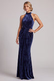 Dark Navy Velvet Sheath Halter Ruched Long Mother of the Bride Dress