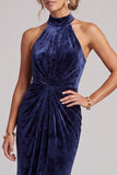 Dark Navy Velvet Sheath Halter Ruched Long Mother of the Bride Dress