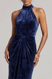 Dark Navy Velvet Sheath Halter Ruched Long Mother of the Bride Dress