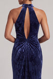 Dark Navy Velvet Sheath Halter Ruched Long Mother of the Bride Dress