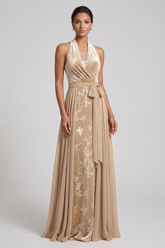 Champagne Floral A-Line Halter Long Mother of the Bride Dress with Cape