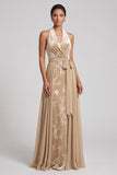 Champagne Floral A-Line Halter Long Mother of the Bride Dress with Cape