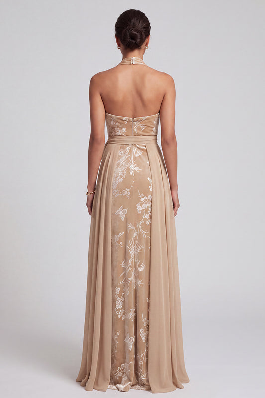 Champagne Floral A-Line Halter Long Mother of the Bride Dress with Cape