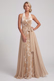 Champagne Floral A-Line Halter Long Mother of the Bride Dress with Cape