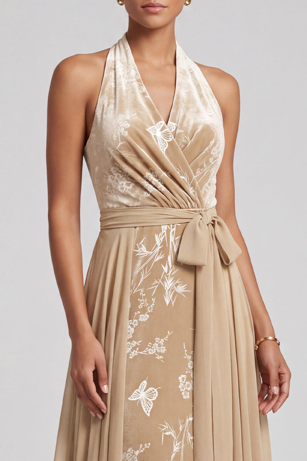 Champagne Floral A-Line Halter Long Mother of the Bride Dress with Cape