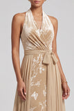 Champagne Floral A-Line Halter Long Mother of the Bride Dress with Cape