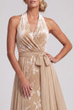 Champagne Floral A-Line Halter Long Mother of the Bride Dress with Cape