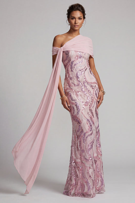 Sparkly Pink Sequins Mermaid One Shoulder Long Mother of the Bride Dress