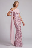 Sparkly Pink Sequins Mermaid One Shoulder Long Mother of the Bride Dress