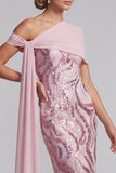 Sparkly Pink Sequins Mermaid One Shoulder Long Mother of the Bride Dress