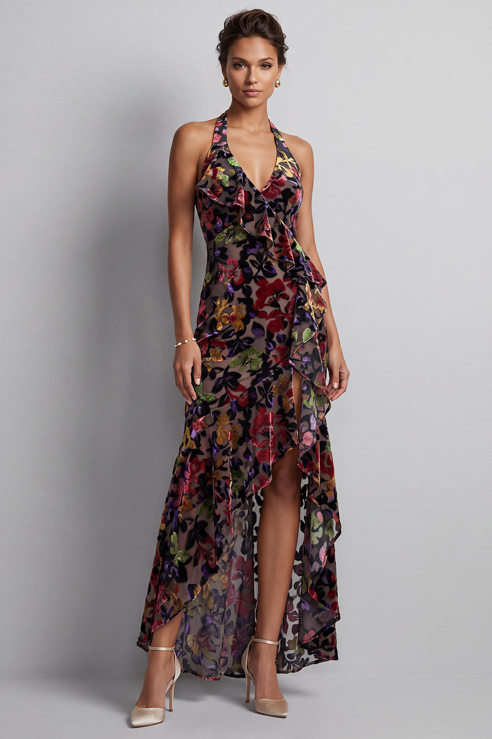 Black Floral Halter Mermaid High-Low Mother of the Bride Dress with Ruffles
