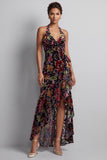 Black Floral Halter Mermaid High-Low Mother of the Bride Dress with Ruffles