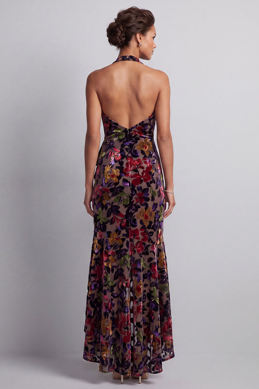 Black Floral Halter Mermaid High-Low Mother of the Bride Dress with Ruffles