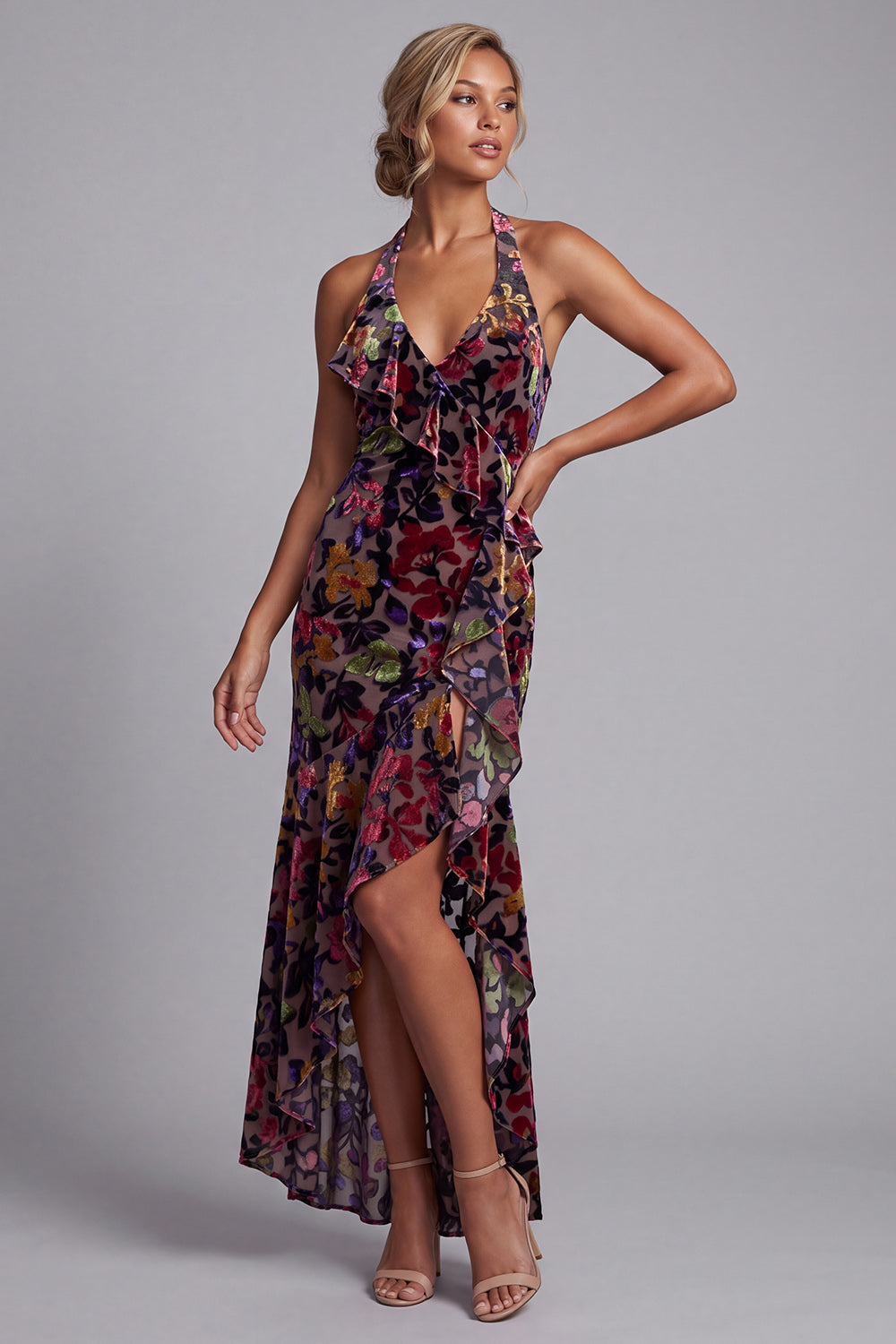 Black Floral Halter Mermaid High-Low Mother of the Bride Dress with Ruffles