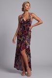 Black Floral Halter Mermaid High-Low Mother of the Bride Dress with Ruffles