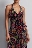 Black Floral Halter Mermaid High-Low Mother of the Bride Dress with Ruffles