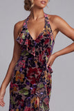 Black Floral Halter Mermaid High-Low Mother of the Bride Dress with Ruffles
