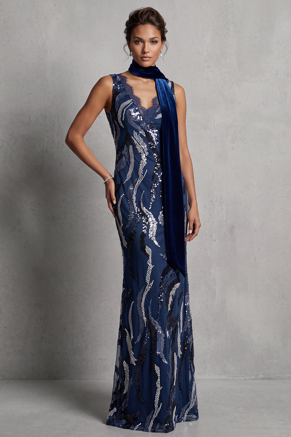 Sparkly Dark Navy Sheath V-Neck Long Sequin Mother of the Bride Dress with Lace