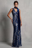 Sparkly Dark Navy Sheath V-Neck Long Sequin Mother of the Bride Dress with Lace