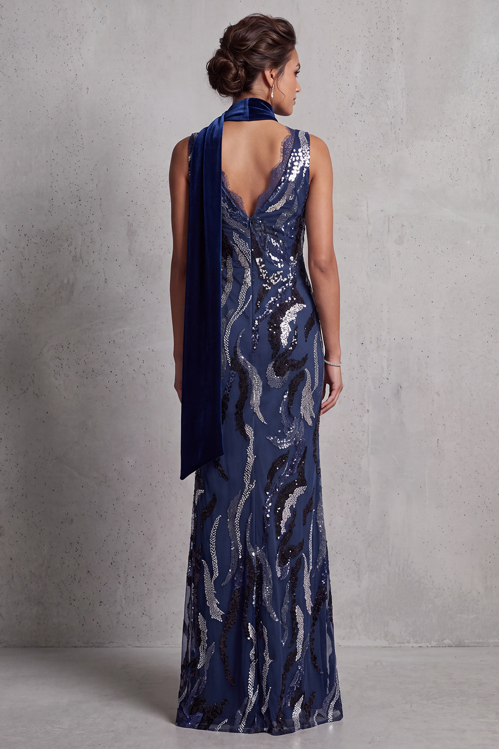 Sparkly Dark Navy Sheath V-Neck Long Sequin Mother of the Bride Dress with Lace
