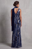 Sparkly Dark Navy Sheath V-Neck Long Sequin Mother of the Bride Dress with Lace