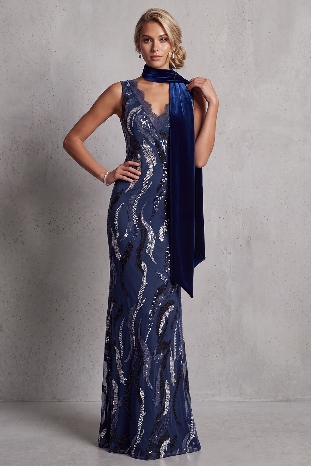 Sparkly Dark Navy Sheath V-Neck Long Sequin Mother of the Bride Dress with Lace