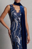 Sparkly Dark Navy Sheath V-Neck Long Sequin Mother of the Bride Dress with Lace