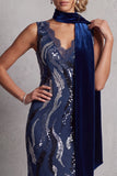 Sparkly Dark Navy Sheath V-Neck Long Sequin Mother of the Bride Dress with Lace