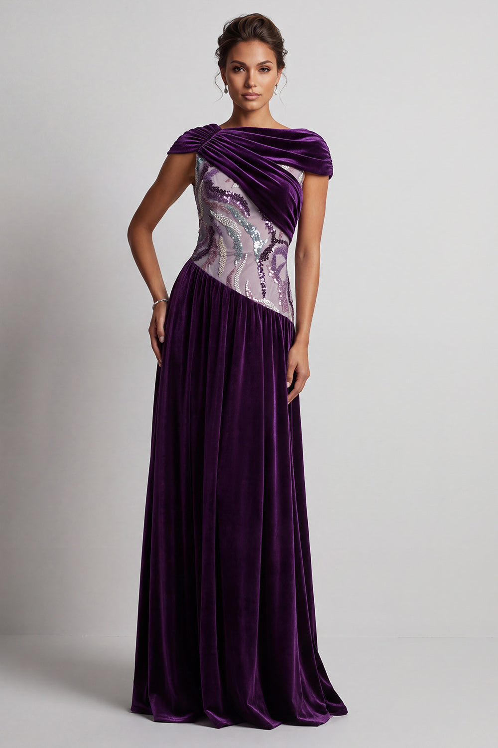 Plum Velvet Sheath Ruched Sequin Long Mother of the Bride Dress with Sleeves