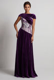 Plum Velvet Sheath Ruched Sequin Long Mother of the Bride Dress with Sleeves