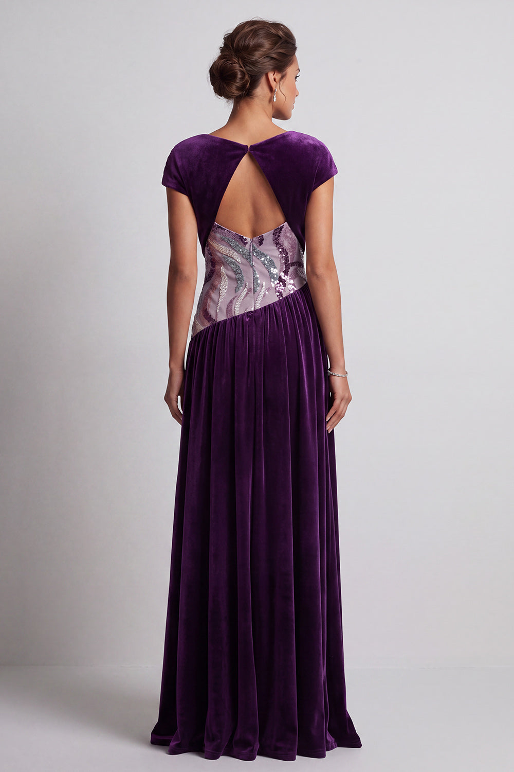 Plum Velvet Sheath Ruched Sequin Long Mother of the Bride Dress with Sleeves