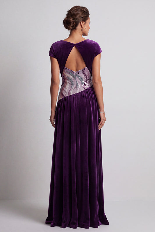 Plum Velvet Sheath Ruched Sequin Long Mother of the Bride Dress with Sleeves