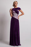 Plum Velvet Sheath Ruched Sequin Long Mother of the Bride Dress with Sleeves