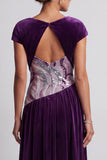 Plum Velvet Sheath Ruched Sequin Long Mother of the Bride Dress with Sleeves