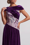 Plum Velvet Sheath Ruched Sequin Long Mother of the Bride Dress with Sleeves