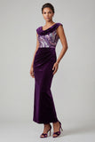 Plum Velvet Mermaid Cowl Neck Sequin Ruched Long Mother of the Bride Dress