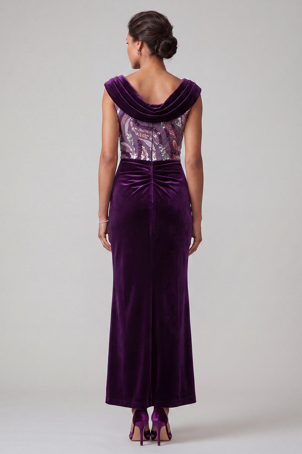 Plum Velvet Mermaid Cowl Neck Sequin Ruched Long Mother of the Bride Dress