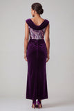 Plum Velvet Mermaid Cowl Neck Sequin Ruched Long Mother of the Bride Dress
