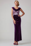 Plum Velvet Mermaid Cowl Neck Sequin Ruched Long Mother of the Bride Dress