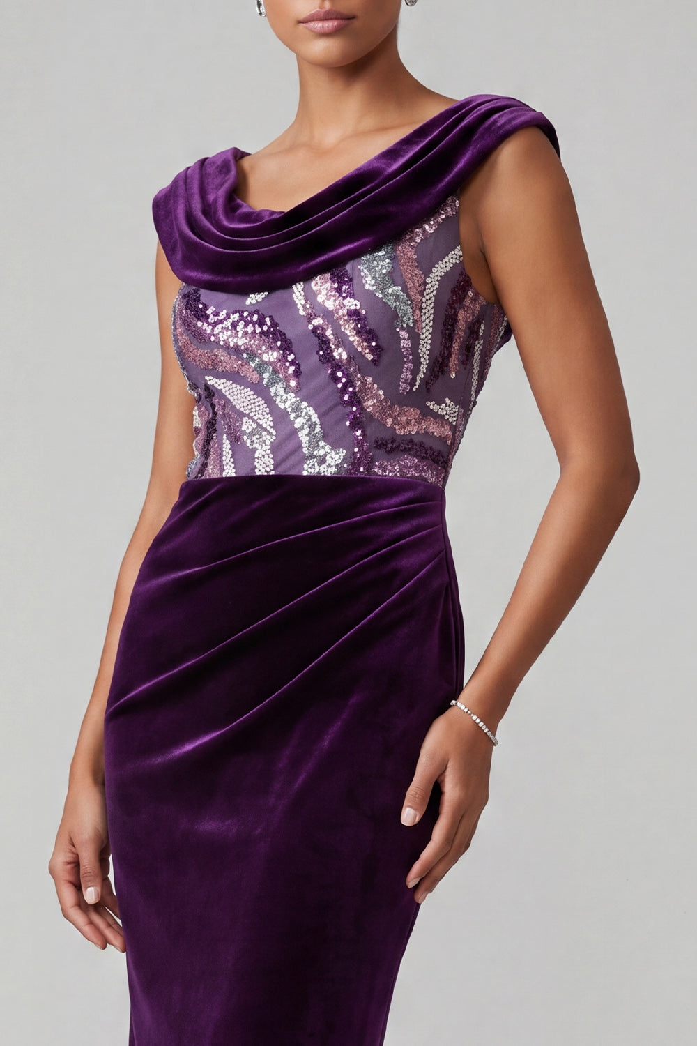 Plum Velvet Mermaid Cowl Neck Sequin Ruched Long Mother of the Bride Dress