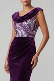 Plum Velvet Mermaid Cowl Neck Sequin Ruched Long Mother of the Bride Dress