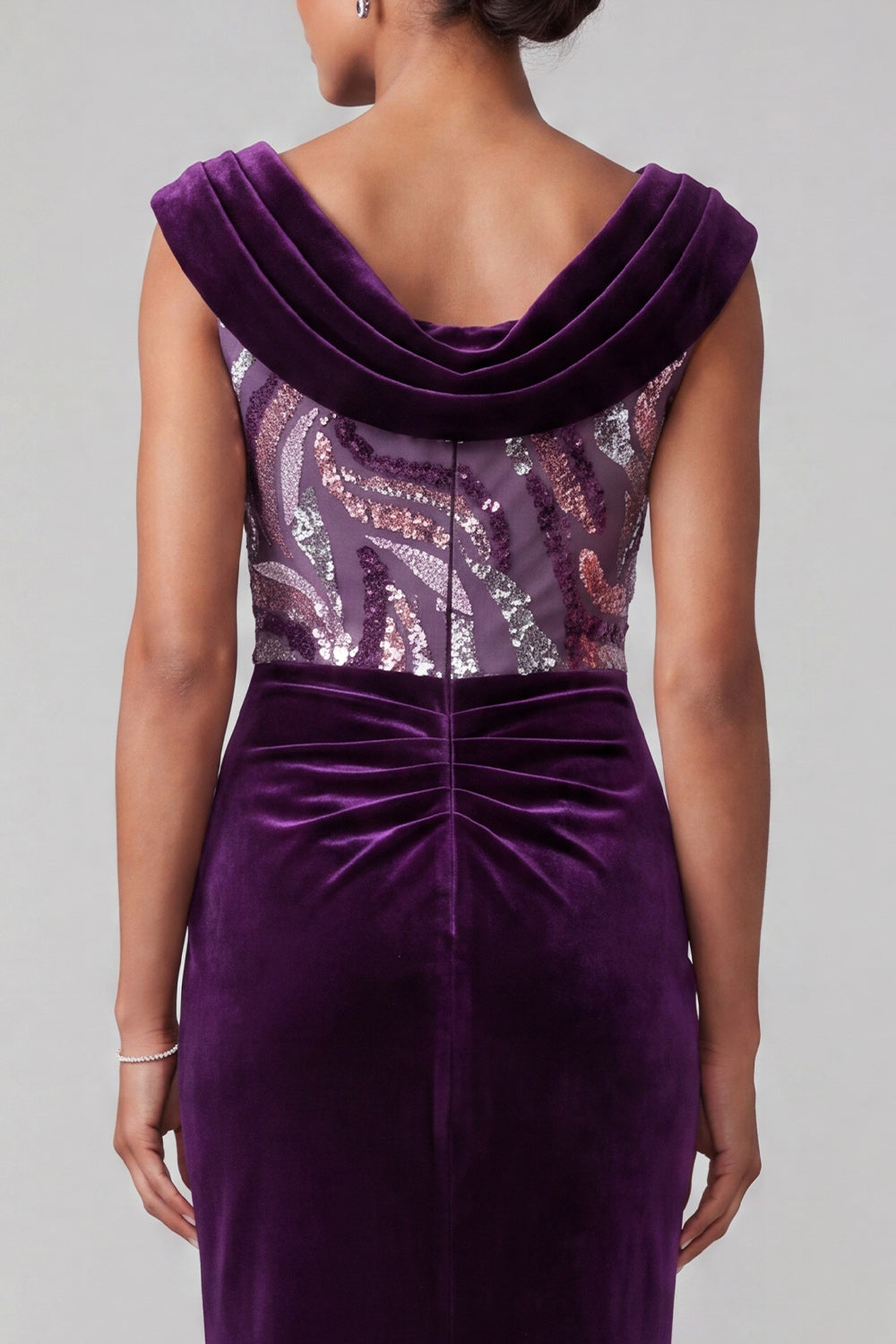 Plum Velvet Mermaid Cowl Neck Sequin Ruched Long Mother of the Bride Dress