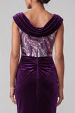 Plum Velvet Mermaid Cowl Neck Sequin Ruched Long Mother of the Bride Dress