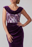 Plum Velvet Mermaid Cowl Neck Sequin Ruched Long Mother of the Bride Dress