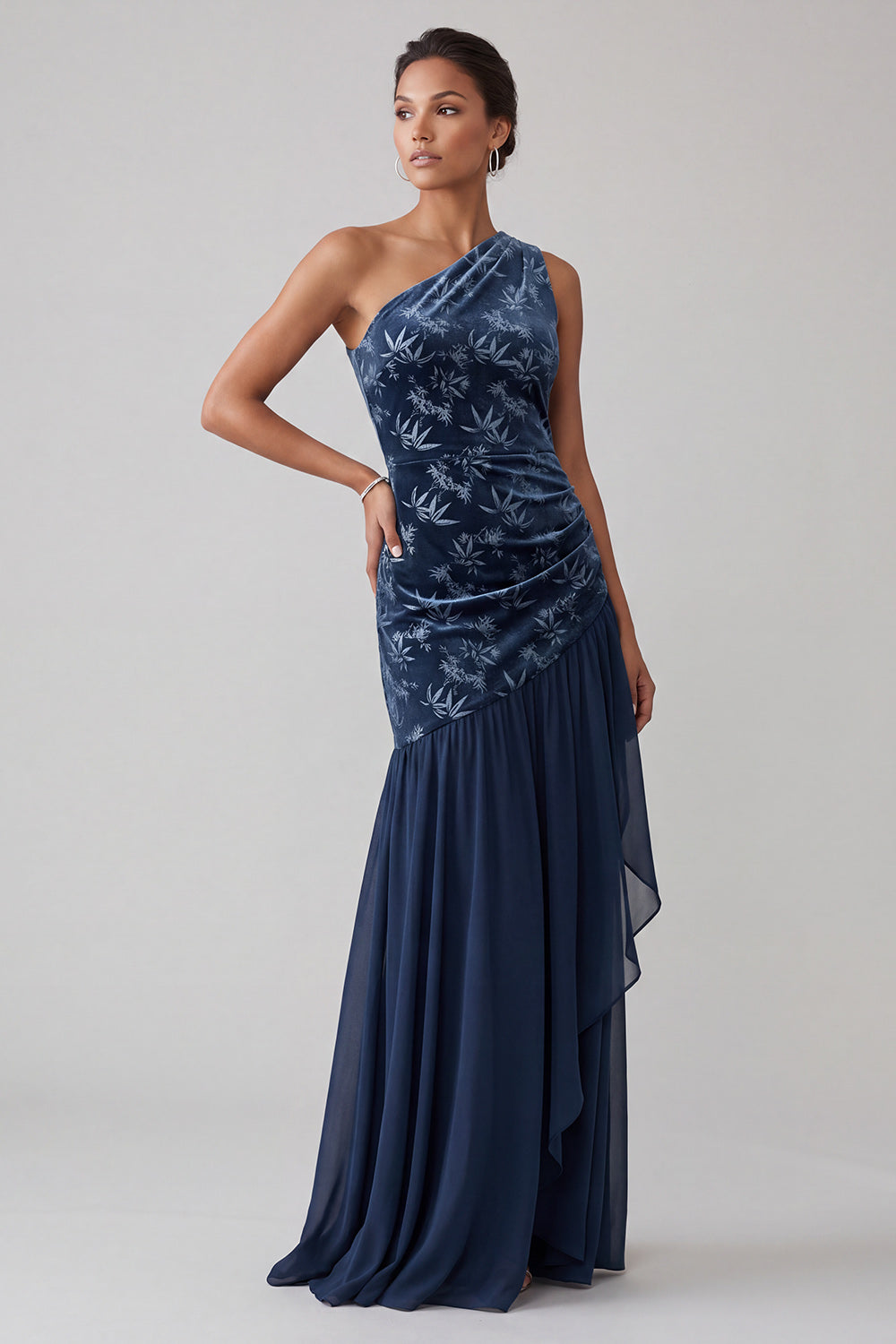 Navy Floral Velvet Sheath One Shoulder Long Mother of the Bride Dress